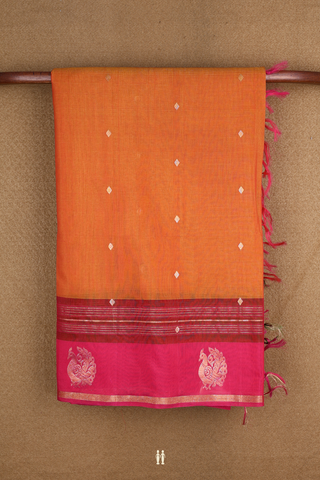 Diamond Zari Buttis Ochre Orange Kora Silk Cotton Saree