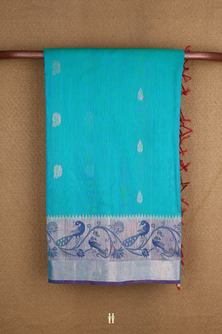 Floral And Thilagam Motifs Sea Blue Kora Silk Cotton Saree