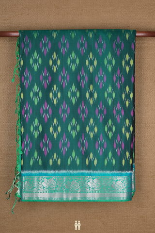 Soft Silk Saree In Dark Pine Green With Allover Ikat Design