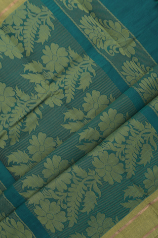 Kanchi Cotton Saree In Teal Green With Leaf Threadwork Motifs