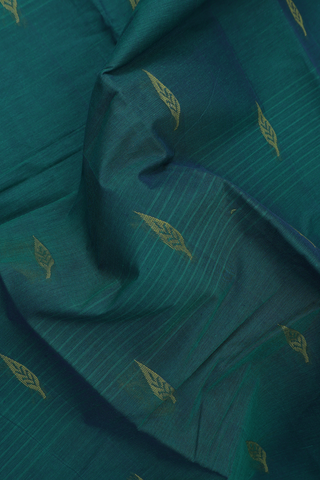 Kanchi Cotton Saree In Teal Green With Leaf Threadwork Motifs