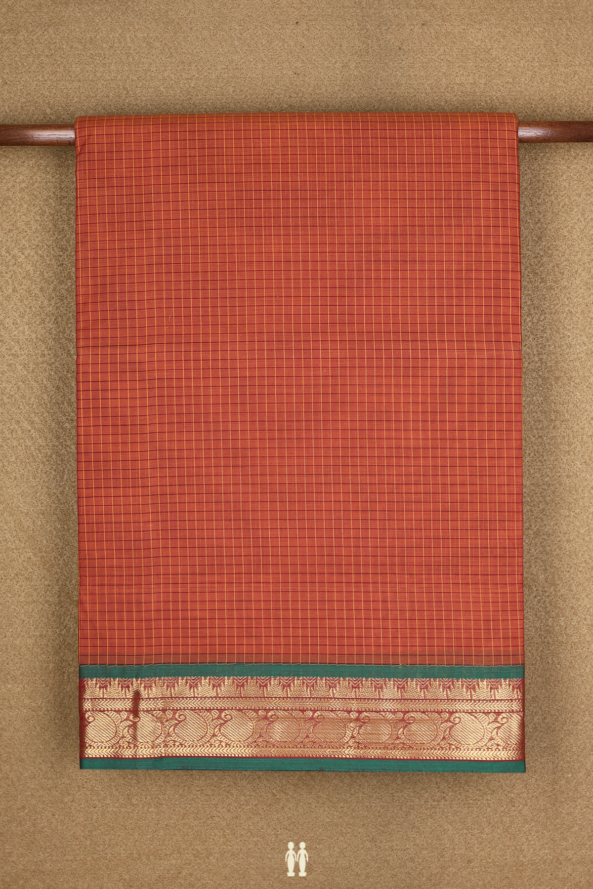 Nine Yards Cotton Saree In Rust Orange With Checked Design