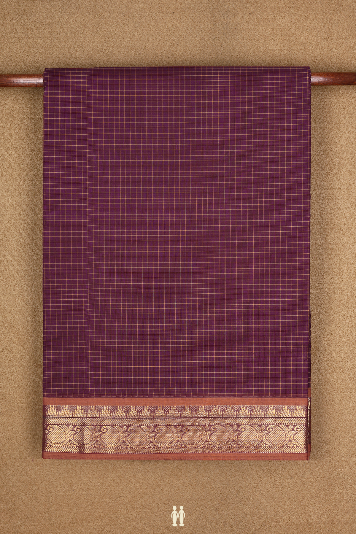 Nine Yards Cotton Saree In Plum Brown With Checked Design