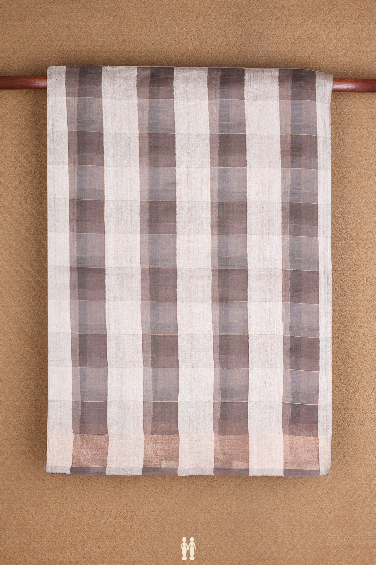 Checks Design Grey And Beige Tussar Madhubani Silk Saree