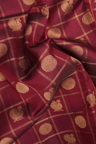 Checks With Buttas Dark Maroon Kanchipuram Silk Saree