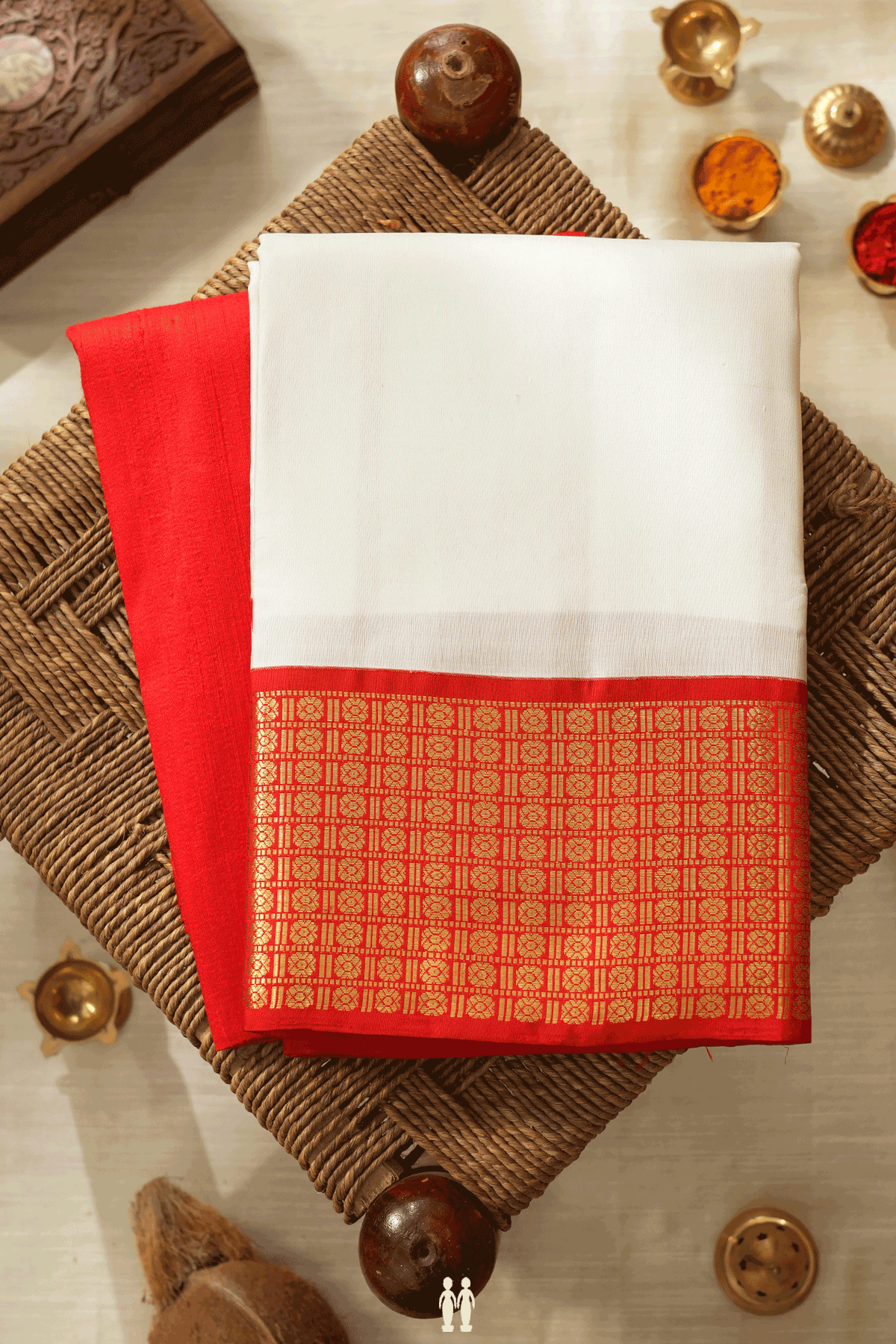 Chilli Red And White Silk Dhoti With Shirt Material Set