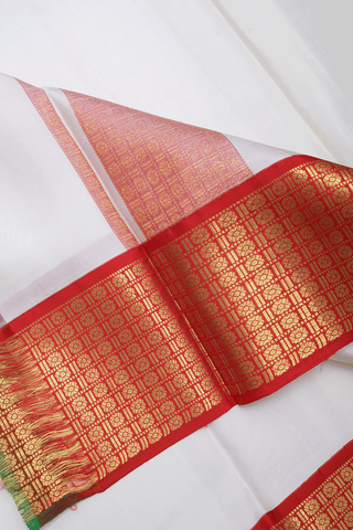 Chilli Red And White Silk Dhoti With Shirt Material Set