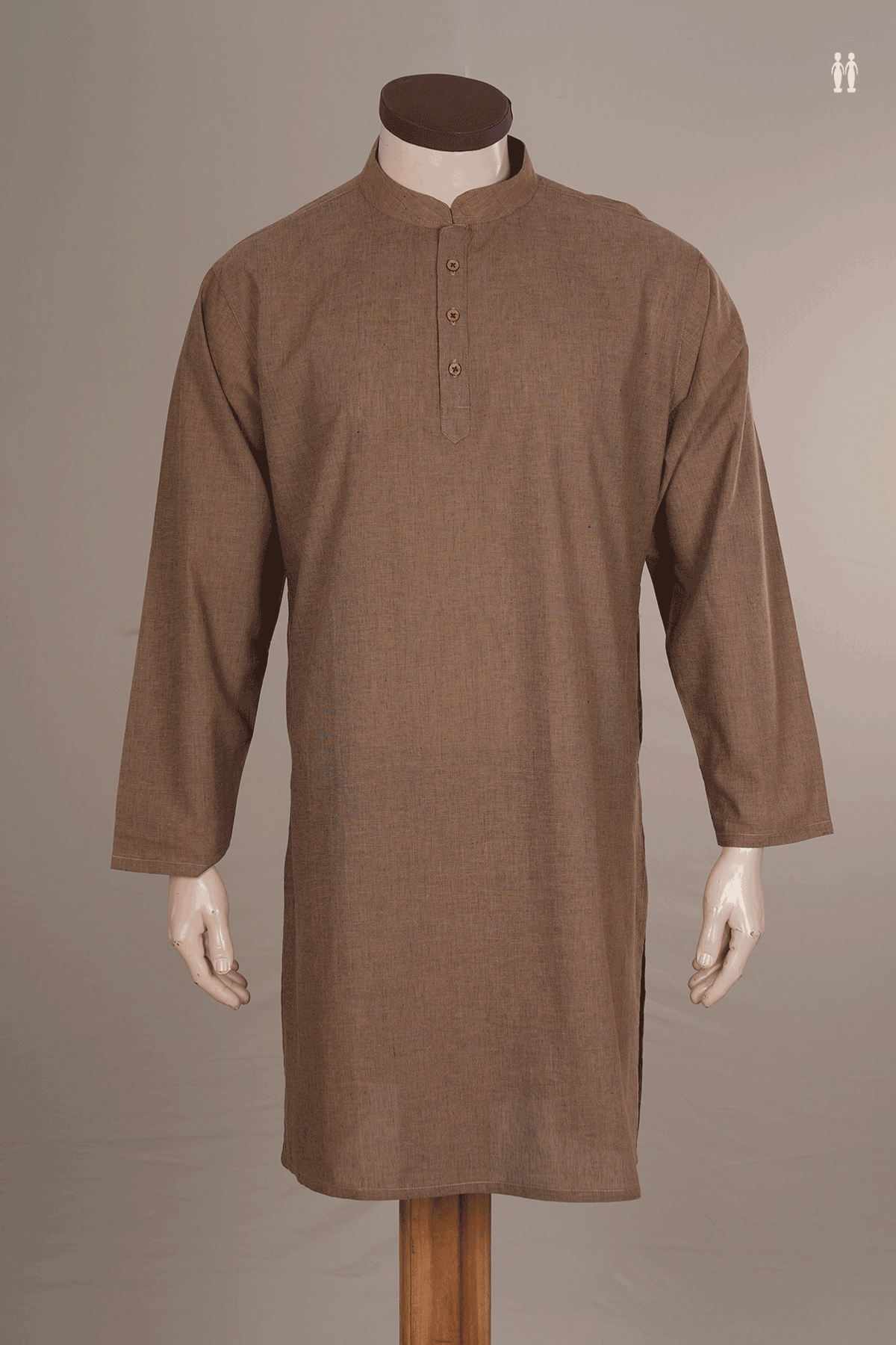 Chinese Collar Plain Brown Cotton Long Kurta