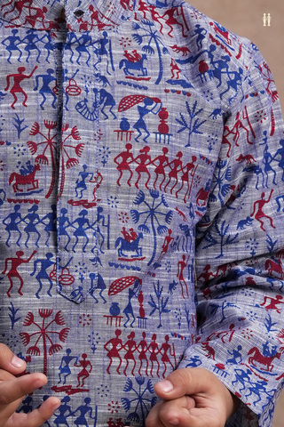 Chinese Collar Warli Printed Blue Cotton Kurta