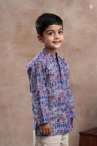 Chinese Collar Warli Printed Blue Cotton Kurta