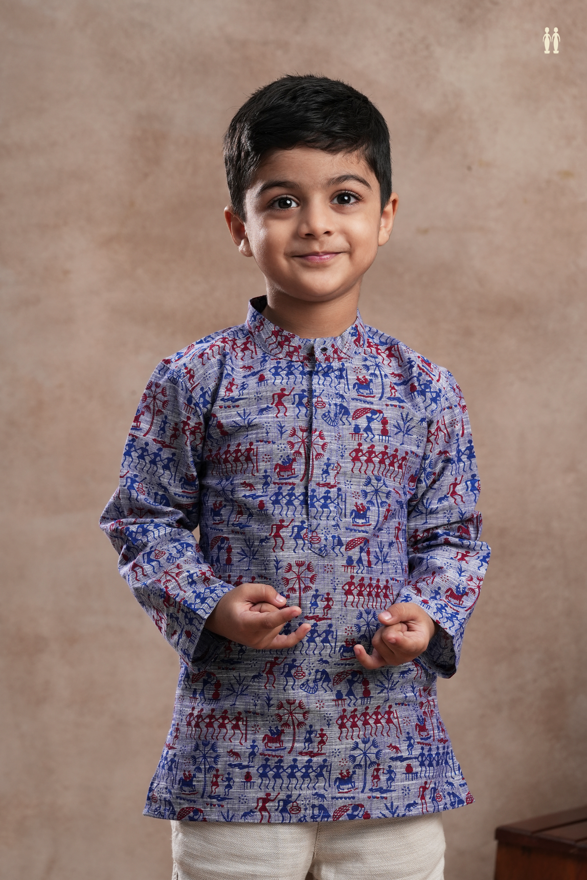 Chinese Collar Warli Printed Blue Cotton Kurta