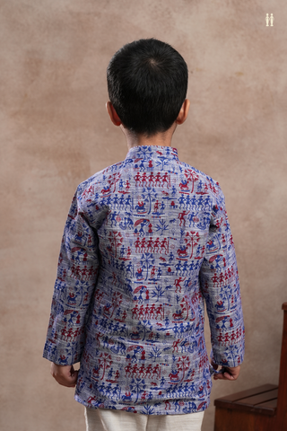 Chinese Collar Warli Printed Blue Cotton Kurta