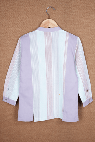 Chinese Collar Stripes Design Multicolor Semi Linen Shirt