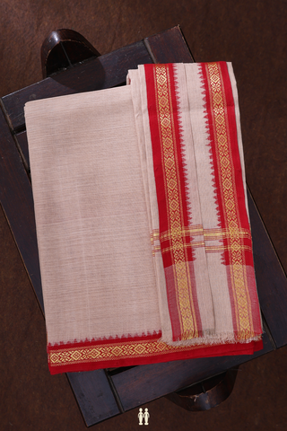 Contrast Border Coffee Cream Cotton Dhoti With Angavastram Set