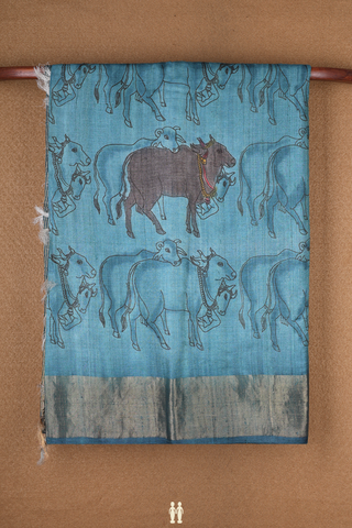 Cow Printed Design Teal Blue Tussar Silk Saree