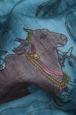 Cow Printed Design Teal Blue Tussar Silk Saree