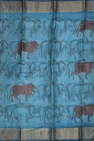 Cow Printed Design Teal Blue Tussar Silk Saree