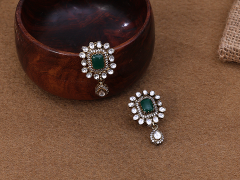 Crystal And Green Stone Pure Silver Earrings