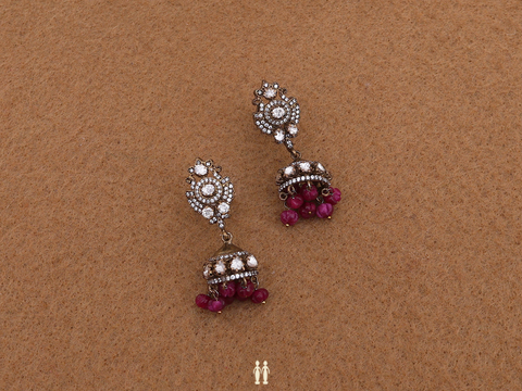 Crystal Stone With Beads Pure Silver Jhumkas