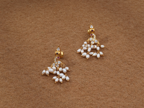 Crystal Stone With Beads Gold Plated Silver Earrings