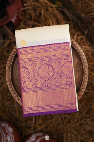 Kanchipuram Silk Saree In Egg White With Zari Buttas