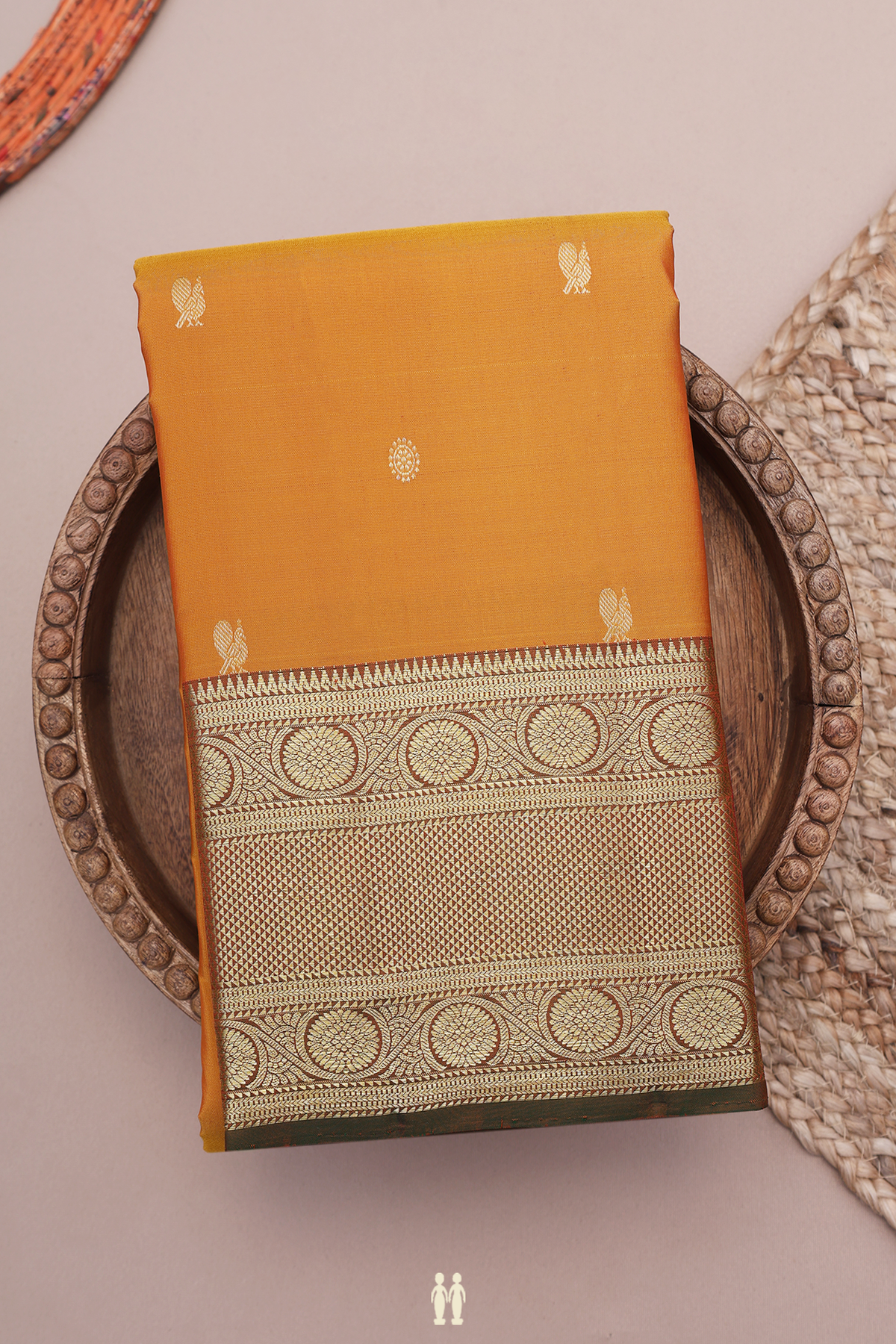 Kanchipuram Silk Saree In Ochre Orange With Zari Buttis