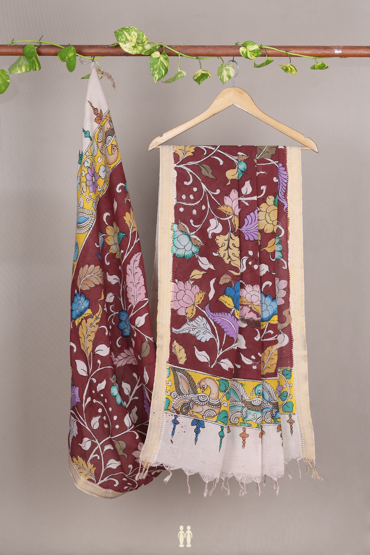 Hand Painted Design Berry Red Kalamkari Cotton Dupatta