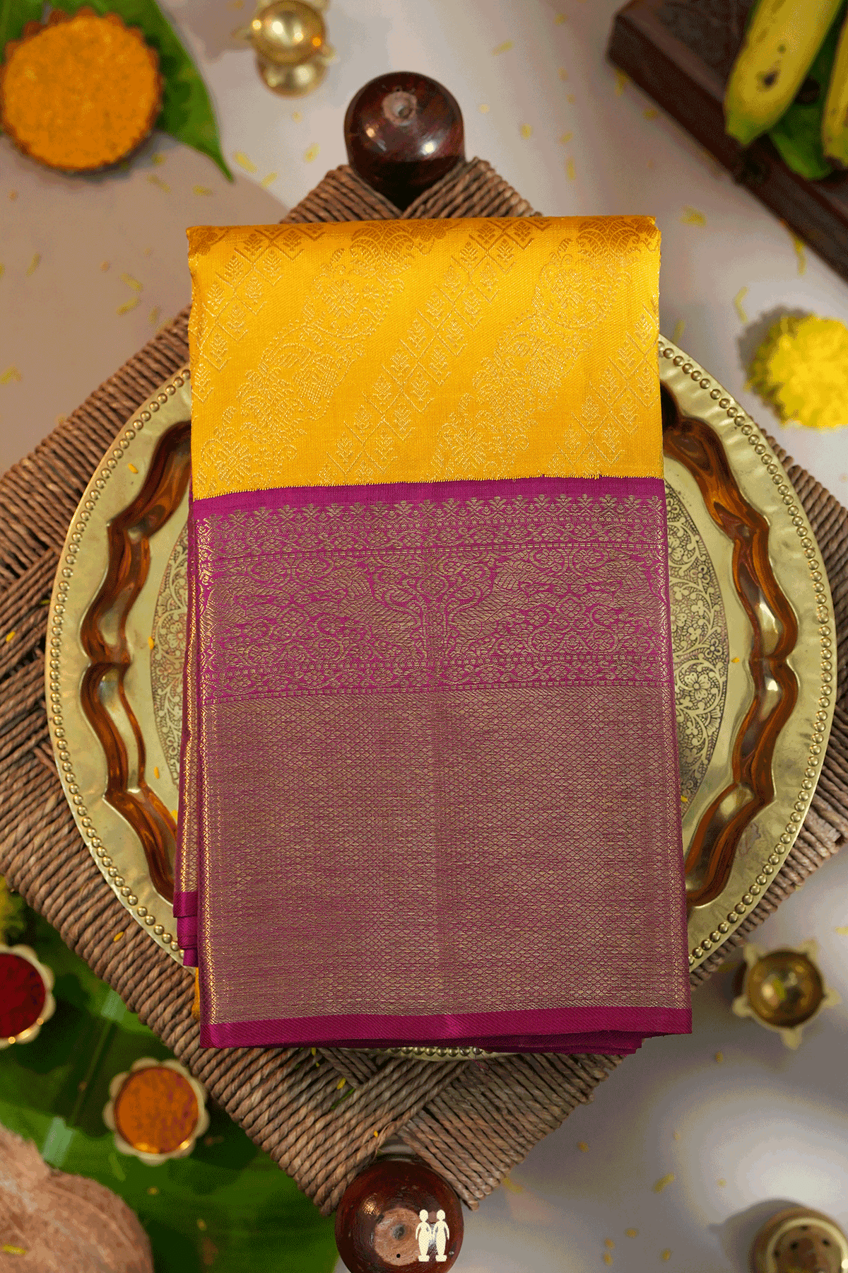 Diagonal Design Yellow Kanchipuram Silk Saree