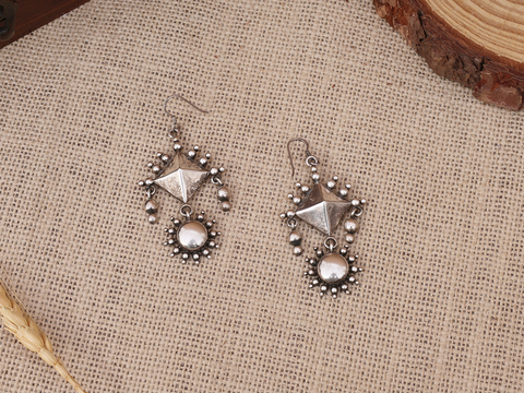 Diamond Design Tribal Silver Hook Earrings