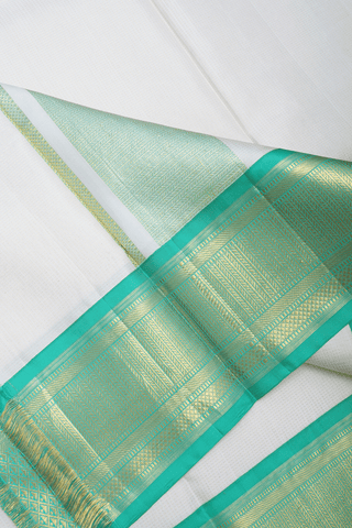 Egg White And Green Silk Dhoti With Shirt Material Set