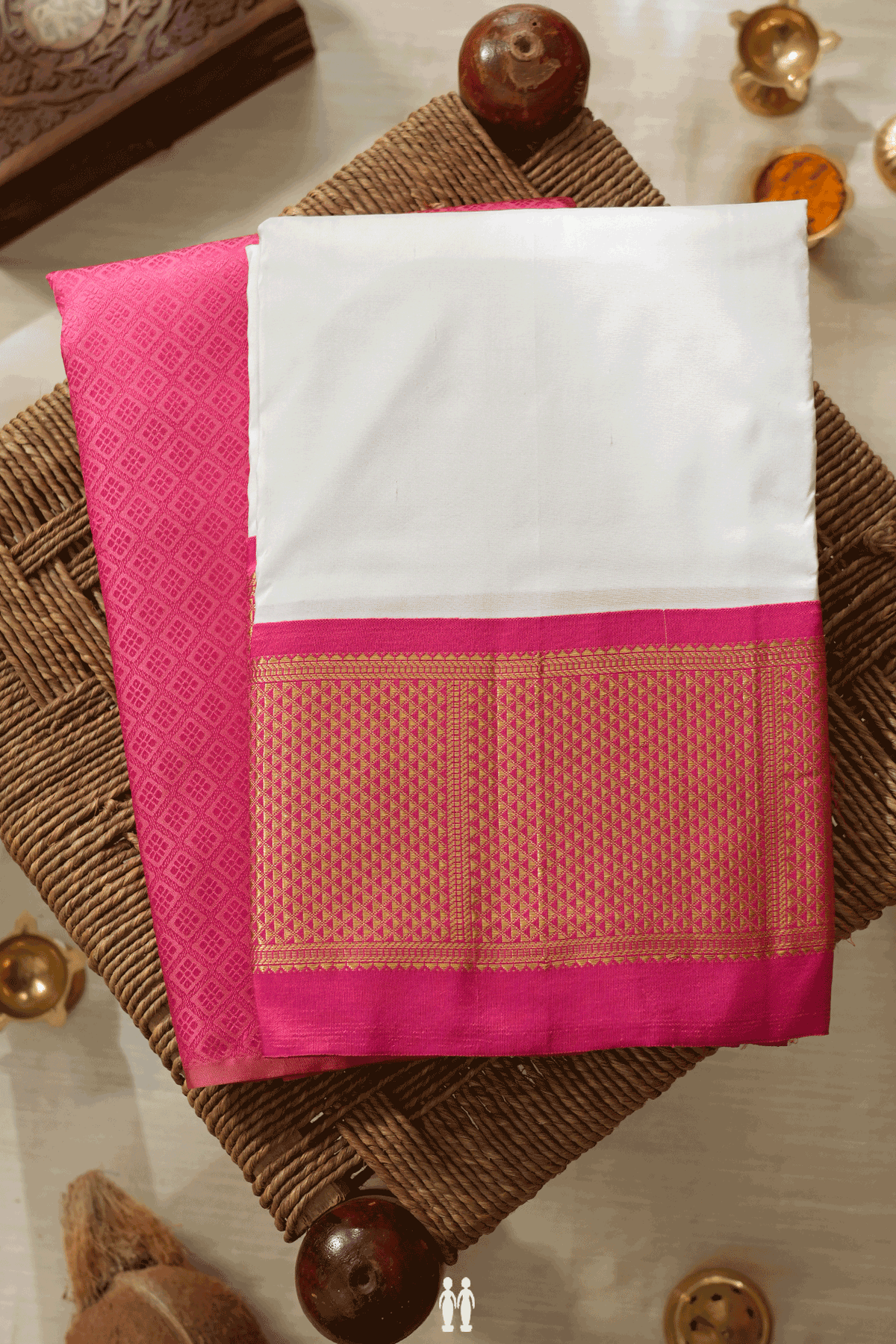 Egg White And Rani Pink Silk Dhoti With Shirt Material Set