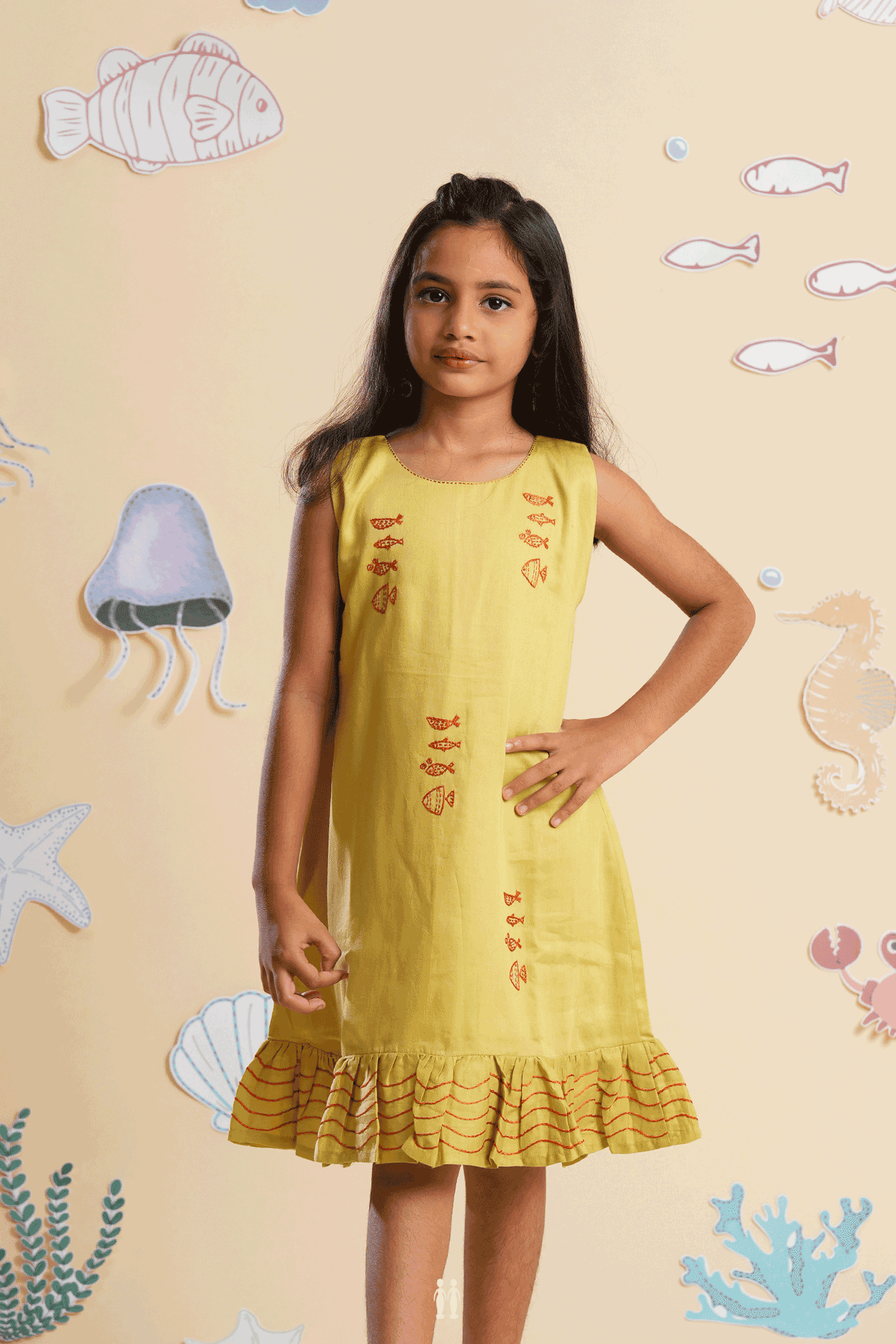 Hand Embroidered Design Celery Yellow Linen Frock