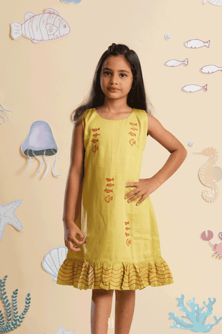 Hand Embroidered Design Celery Yellow Linen Frock