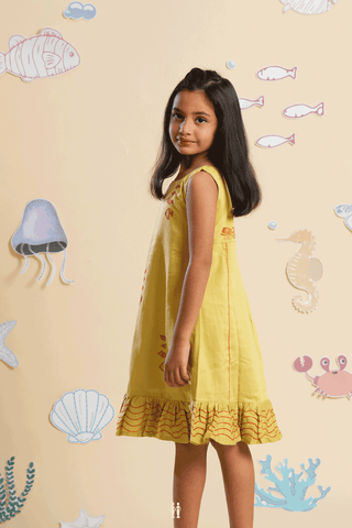 Hand Embroidered Design Celery Yellow Linen Frock