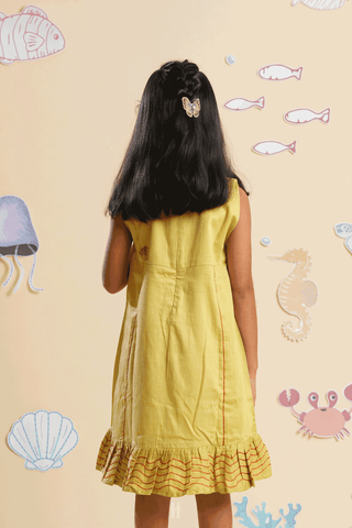 Hand Embroidered Design Celery Yellow Linen Frock