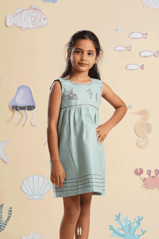 Hand Embroidered Design Dusty Blue Linen Frock