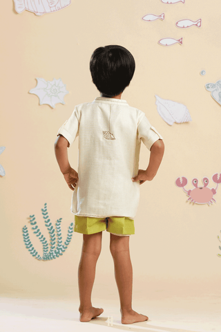 Embroidered Design Egg White Linen Shirt And Bottom Set