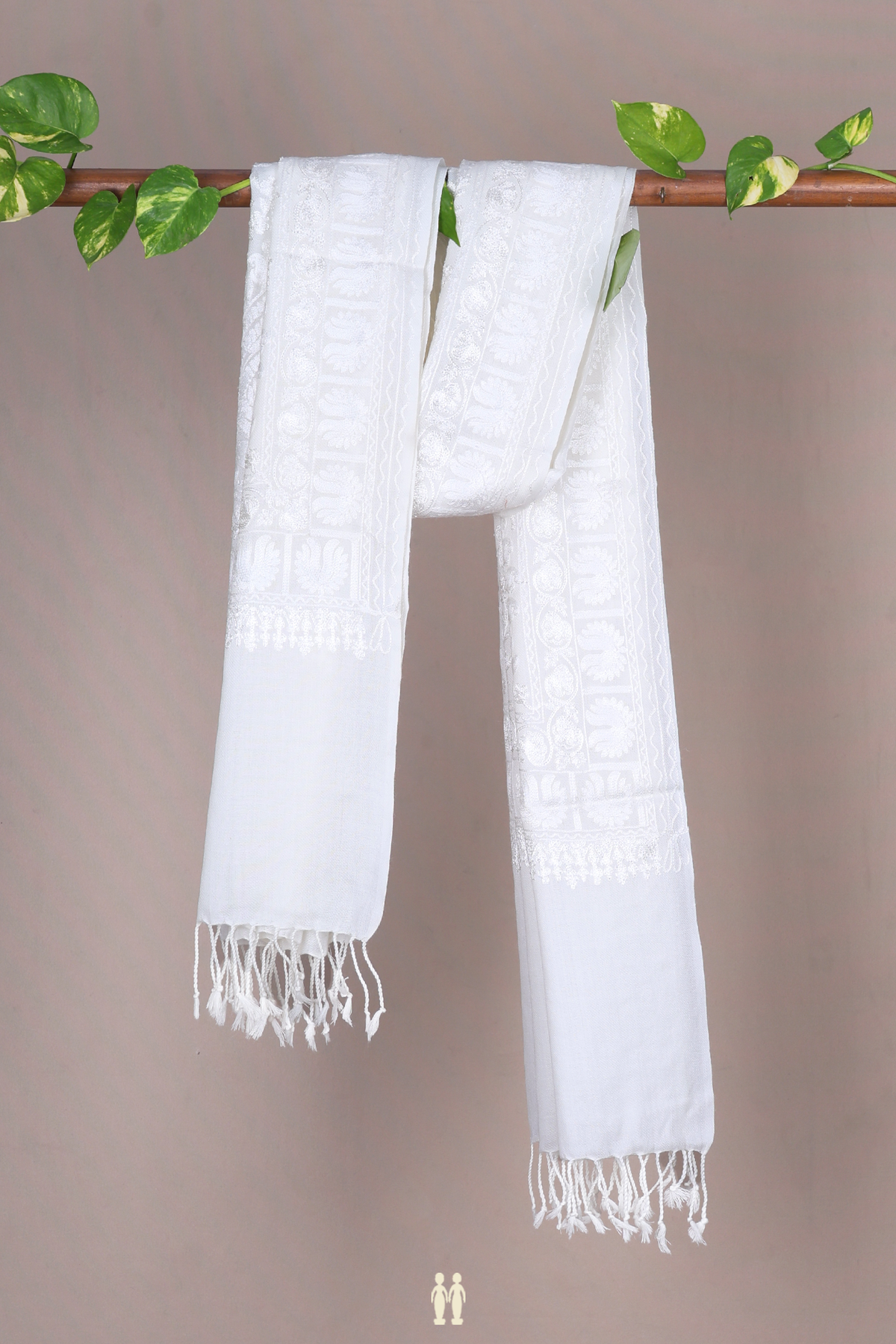 Embroidered Design Egg White Woolen Shawl