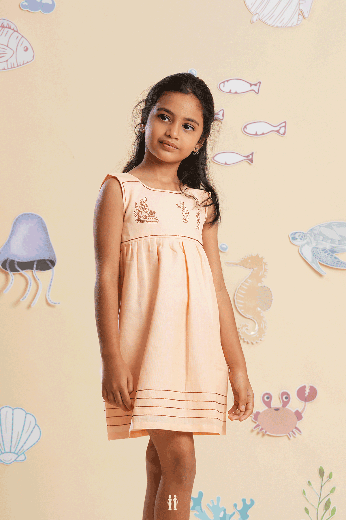 Hand Embroidered Design Peach Linen Frock