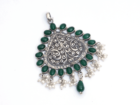 Emerald Stone With Beads Pure Silver Pendant