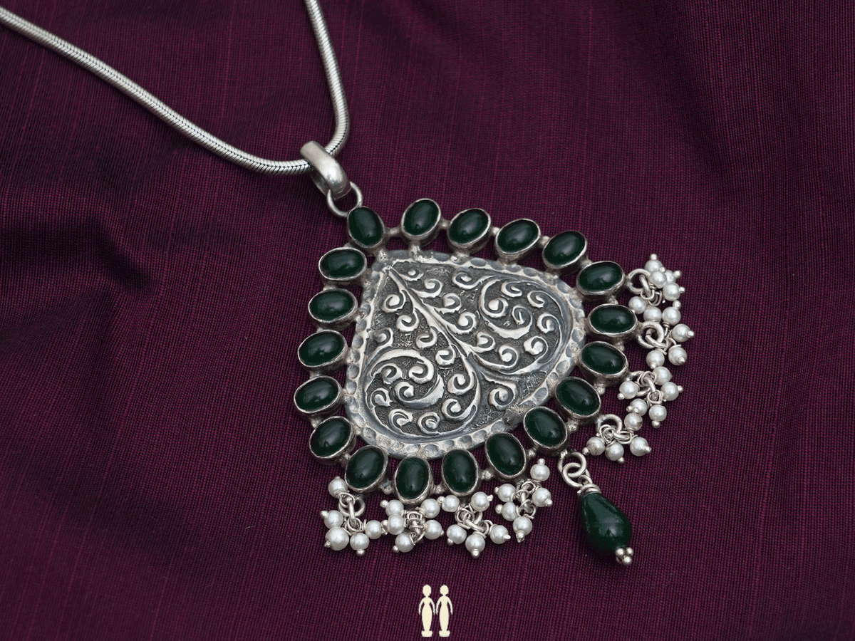 Emerald Stone With Beads Pure Silver Pendant