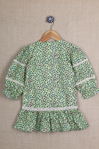 Round Neck Floral Design Green Jaipur Cotton Cotton Frock