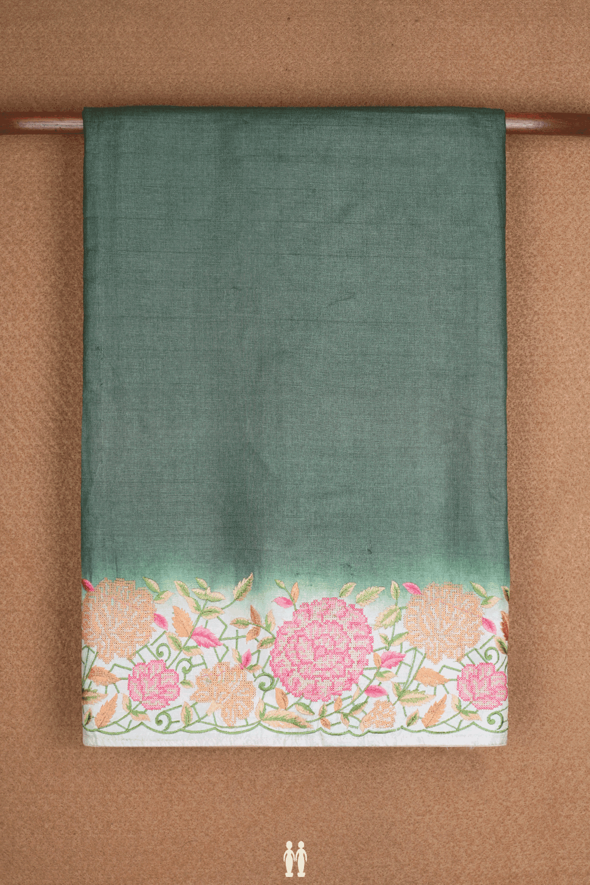 Floral Border Plain Fern Green Tussar Silk Saree