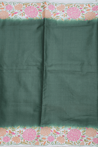 Floral Border Plain Fern Green Tussar Silk Saree