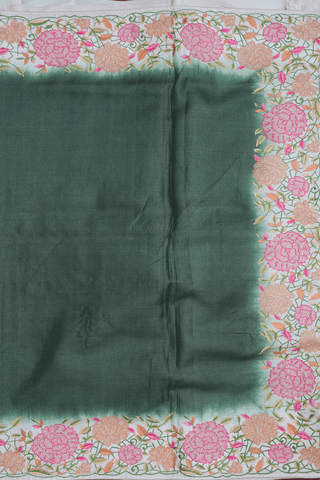 Floral Border Plain Fern Green Tussar Silk Saree