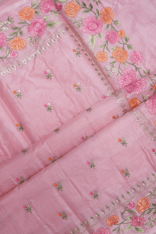 Floral Embroidered Buttas Pastel Pink Tussar Silk Saree