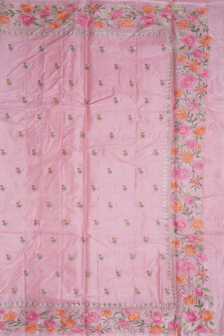 Floral Embroidered Buttas Pastel Pink Tussar Silk Saree