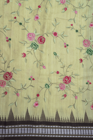 Floral Embroidered Design Pastel Green Tussar Silk Saree