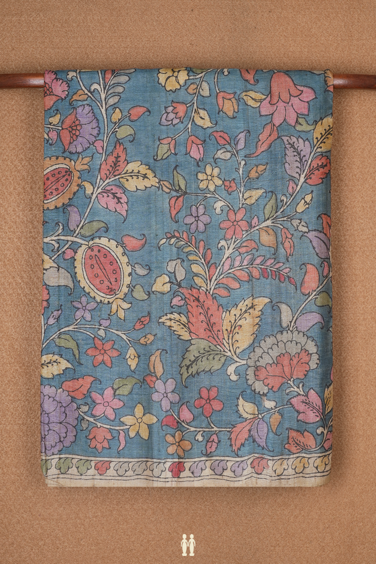 Floral Hand Painted Aegean Blue Kalamkari Tussar Silk Saree