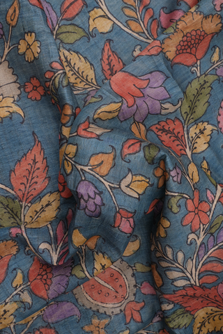 Floral Hand Painted Aegean Blue Kalamkari Tussar Silk Saree